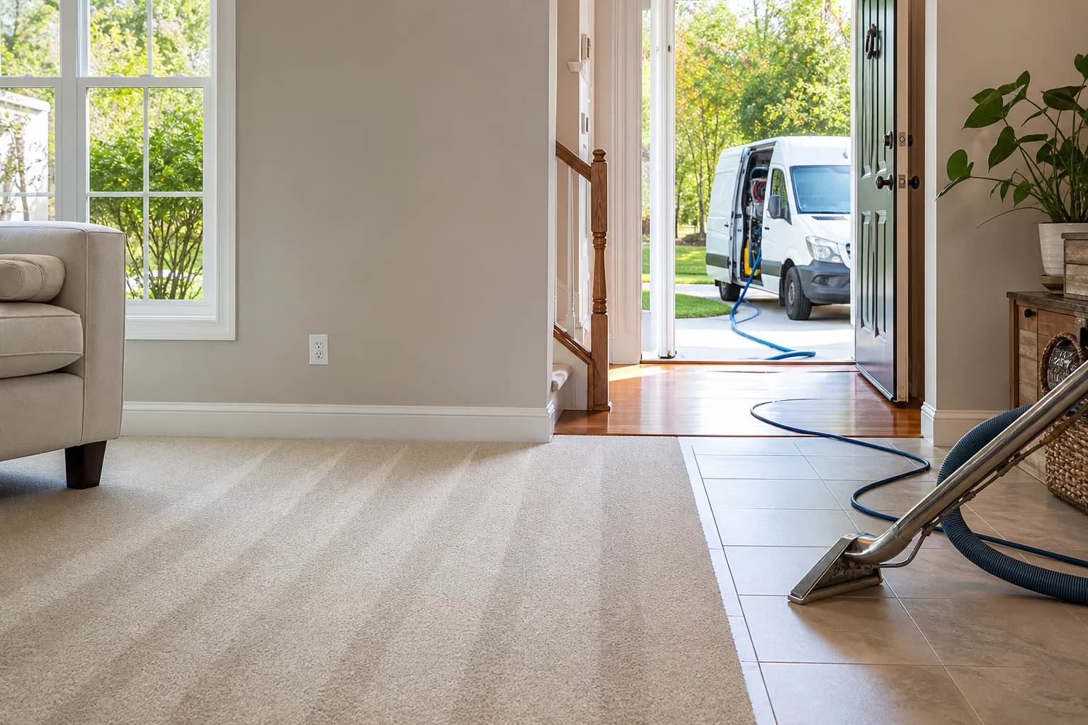 Professional carpet cleaning equipment in a bright Maryland home